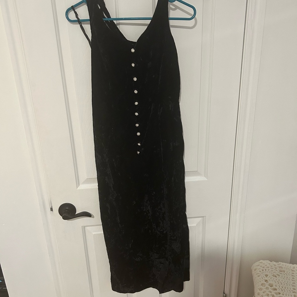Black Velvet Midi Dress with Button Detail